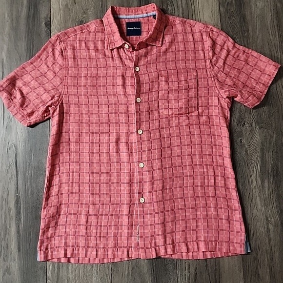 Tommy Bahama Camp Shirt Men Large Pink Keep It In Check IslandZone Hawaii $158 - Picture 1 of 4